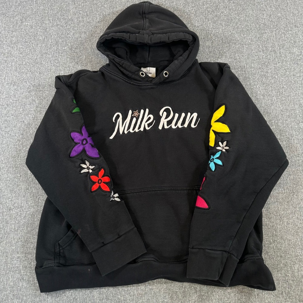 Milk Run Hoodie Small Black Floral Embroidered Sweatshirt Y2K Streetwear Mens S